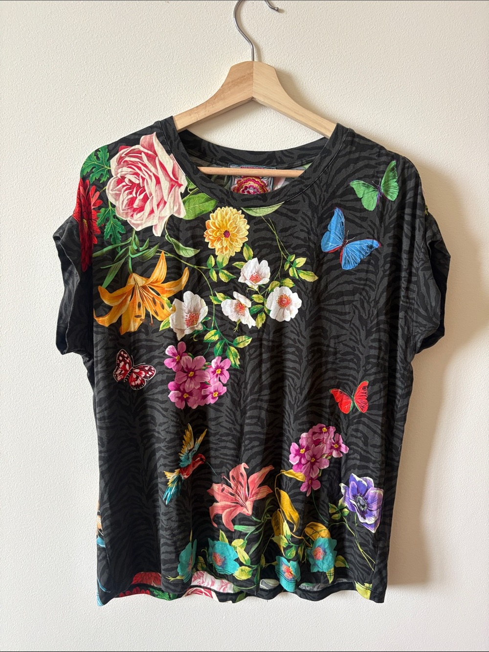 Johnny Was Black Tee with Multicolor Floral & Butterfly Print